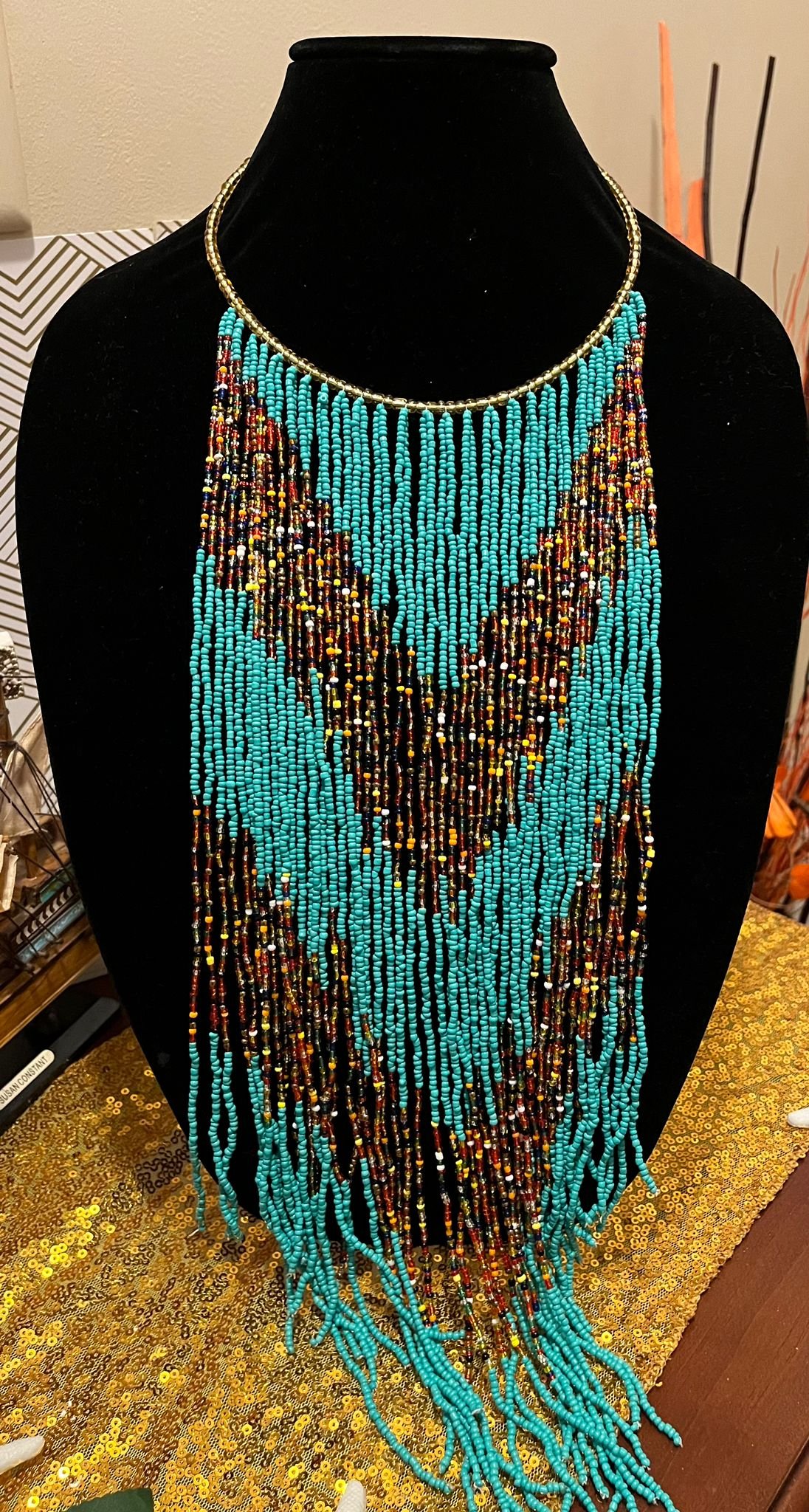 African beaded fringe necklace turquoise